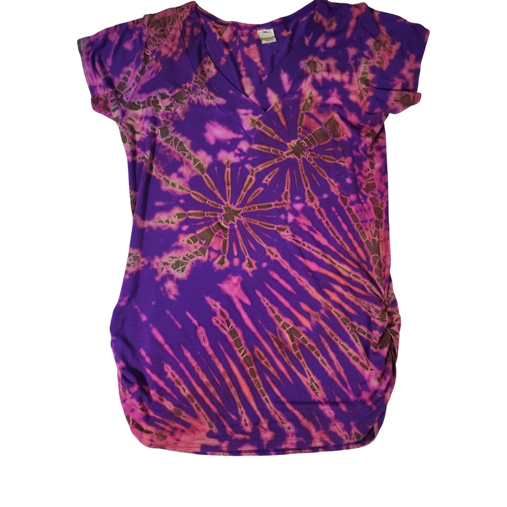 Kathmandu Imports Purple Pink Tie Dye‎ Ruched Hippie V-Neck Tunic Top Womens ML